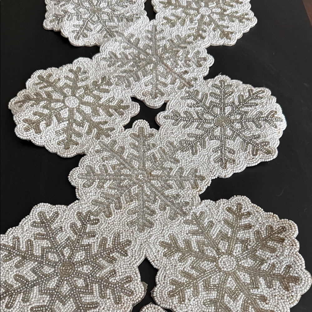 Beaded Snowflake Table Runner - White and Silver